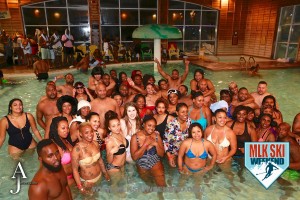 MLK Ski Weekend 2016 group photo of participants at indoor outdoor Splash party at Plunge Party