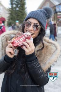 MLK Ski Weekend 2017 Blue Mountain Resort Village Pretty Girl Eating Beaver Tails with hat sunglasses winter smile (2)