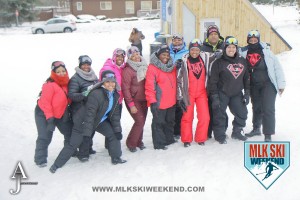 MLK Ski weekend 2016 group of participants outside in the village partaking in village day activities