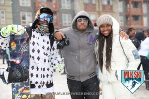 MLK Ski weekend 2016 guests and snowboarder outside in the village partaking in village day party