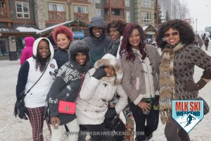 Mlk Ski Weekend 2016 ladies and gentlemen posing for photos outside in village during Day Party